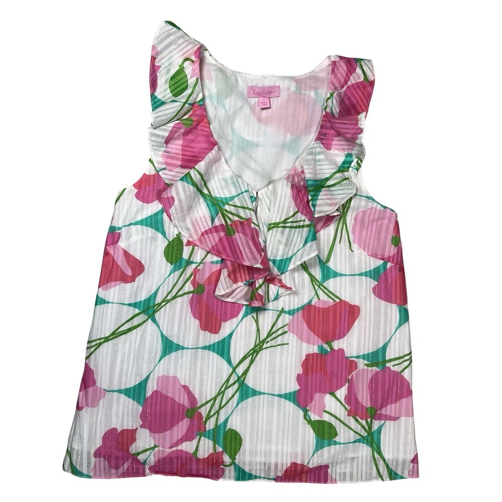 Lilly Pulitzer Ruffled Sleeveless Top Sz S White Pink Floral Poppy Metallic Tank